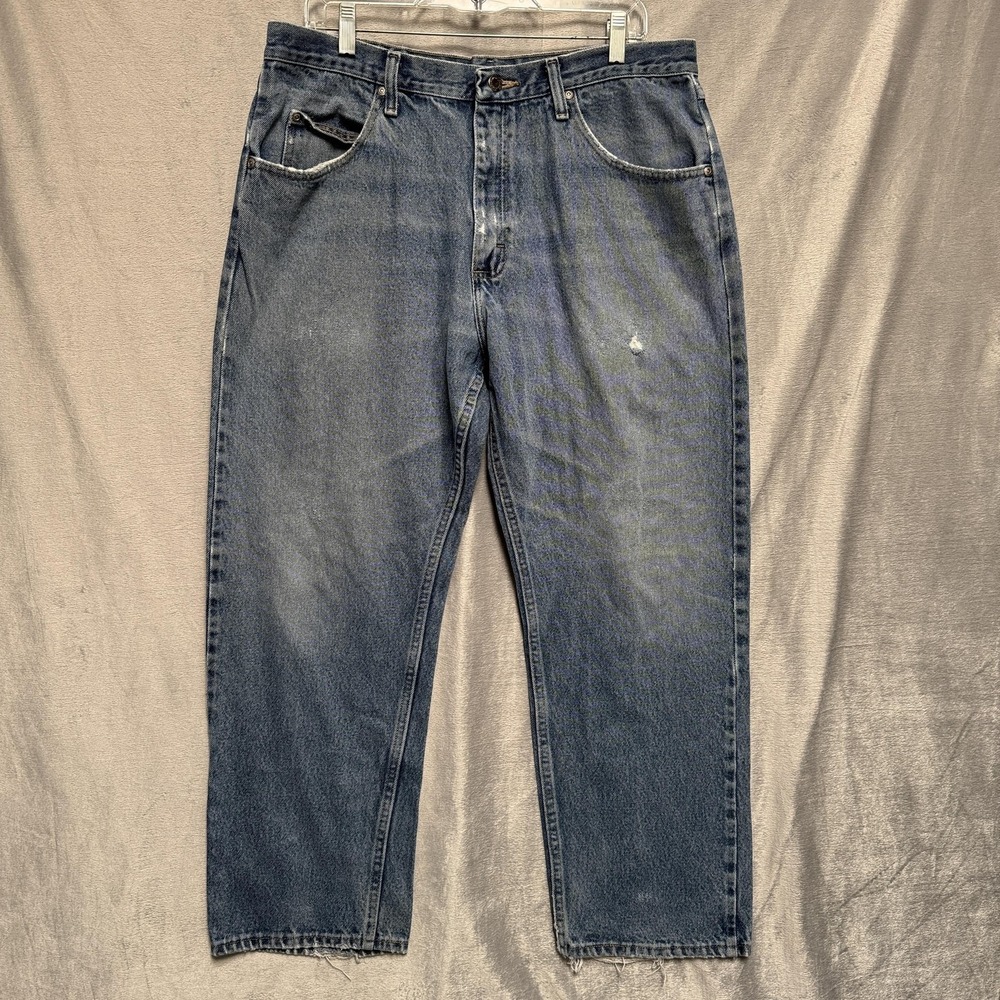 Wrangler Jeans Mens Blue Denim‎ Relaxed Fit Straight Leg Faded Distressed 34x28